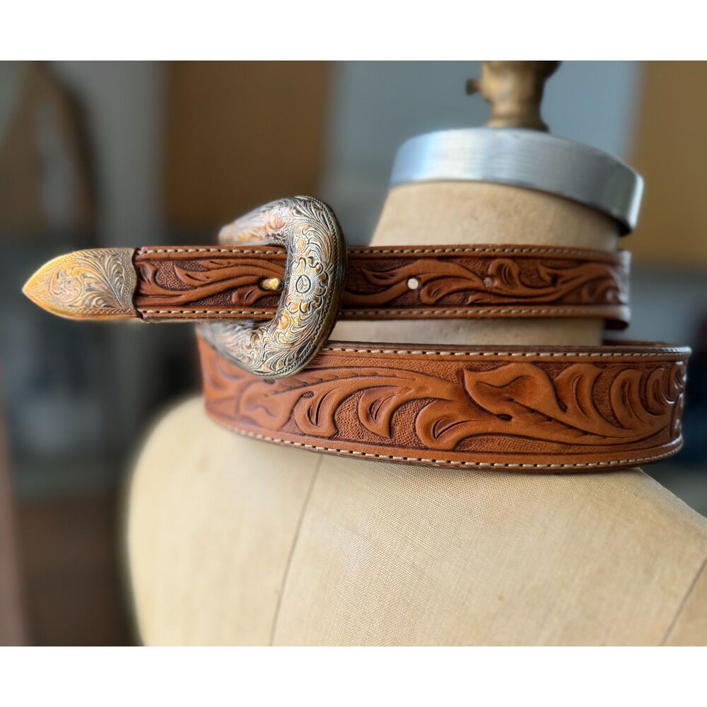 VTG Tony Lama 100% Leather Tooled Saddle Brown Western Belt SZ 38 Made in USA - Picture 5 of 9